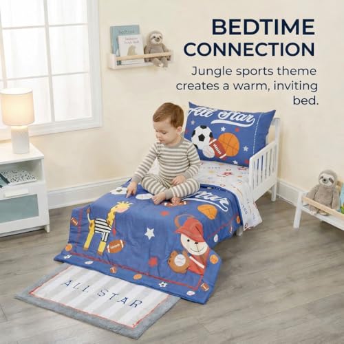 Image of EVERYDAY KIDS 4 Piece Toddler Bedding Set - Jungle Sports - Soft 100% Cotton Percale - Includes Comforter, Flat Sheet, Fitted Sheet and Reversible Pillowcase