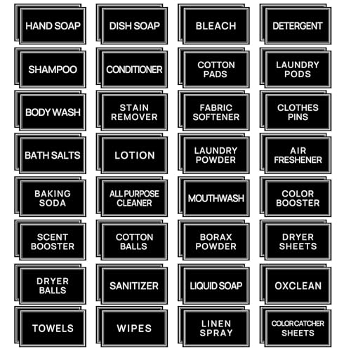 HVSWLY 64 PCS Laundry Labels for Jars,Minimalist Laundry Room and Bathroom Label Stickers,Removable Waterproof Labels for Laundry Containers,Home Storage Organization(Black)