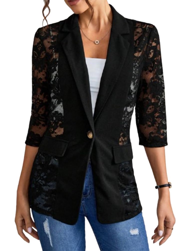 Mywinway Lace Blazers for Women 2025 Spring Summer 3 4 Sleeve Lapel Neck Casual Mesh Button Down Jacket