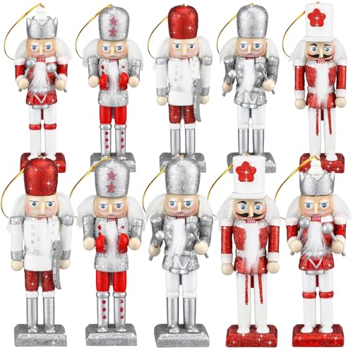 Jetec 10 Pcs Christmas Nutcracker Ornaments - 5 Inch Tall Wooden Hanging Decorations - Soldier Figures for Christmas (Glittery Candy Cane Style)
