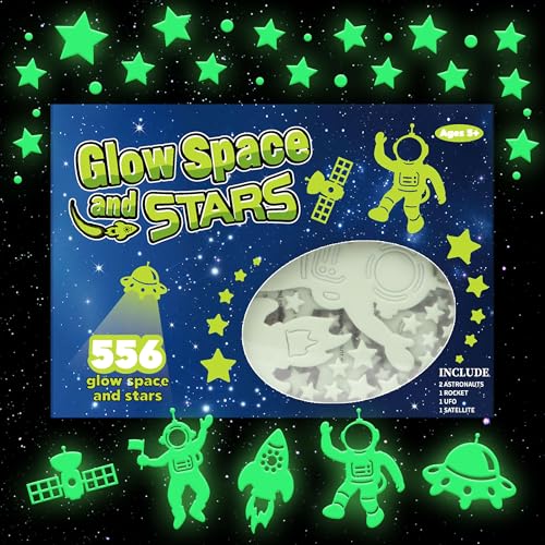556PCS Glow in The Dark Stars for Ceiling 3D Glow in The Dark Space Galaxy Stickers Astronaut Rocket Planet Dots Stars for Kids Room Wall Decals Ceiling Decorations Party Birthday Gift (Green)