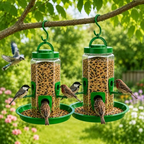 Image of Hanging Bird Feeder for Garden & Balcony, 1 Litre Weatherproof Bird Food Dispenser with 4 Feeding Ports, 360 Perch Feeding Station for Outdoor & Indoor Use (Green) Pack of 2