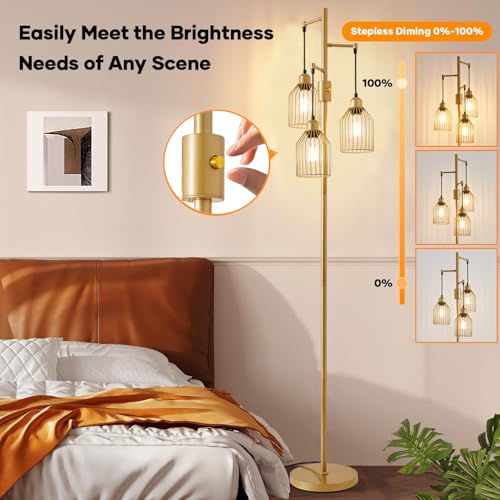 Dimmable Floor Lamp for Living Room, Farmhouse Floor Lamps with Elegant Hanging Cage, 3 x LED Edison Bulbs Included, 68.5" Industrial Standing Light for Bedroom Office Home Decor (Gold) - Image 3