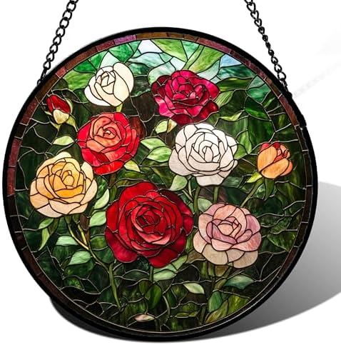Red Pink White Roses Stained Glass Style Suncatcher Window Hanging Decor, Acrylic Jigsaw Puzzle DIY Puzzle 83 Pieces Irregular Pieces 7.4 in, Classic Floral Gift for Family