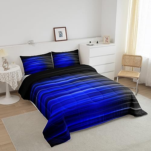 Image of Feelyou Abstract Ombre Bedding Set King Size, Blue and Grey Comforter Set Kids Toddler Geometric Abstract Ombre Comforter Gradient Lines Duvet Set Breathable Bed Set 3Pcs