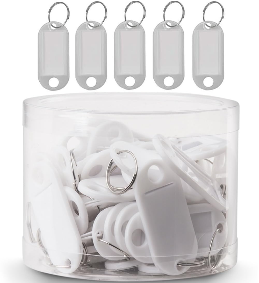 Rubik Plastic Key Tags with Labels 50pcs Pack, Durable Key Rings with Labels For Keys Identification, PET ID, Office, Realestate, Stores, Warehouse (White)
