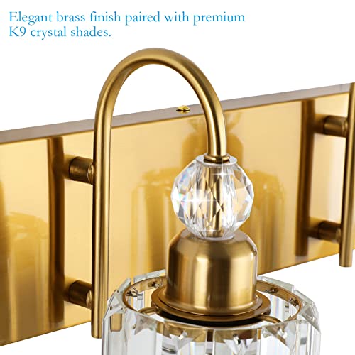 Image of Ralbay Gold Crystal Vanity Lights for Bathroom 6-Lights Brass Gold Crystal Bathroom Vanity Lights Over Long Mirror Modern Crystal Bathroom Wall Lighting Fixtures