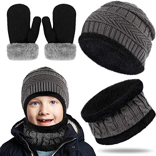SATINIOR 3 Pcs Kid Winter Knitted Hat Scarf Gloves Set Thick Toddler Beanie Cap Mitten Neck Warmer for Boy Girl 3 to 7 Years