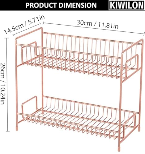 Image of 2 Tier Golden Countertop Organizer for Bathroom Kitchen Rack Organiser with Plastic Marble Look Plastic Tray Cosmetic Storage Shelf (Rose Gold, M)