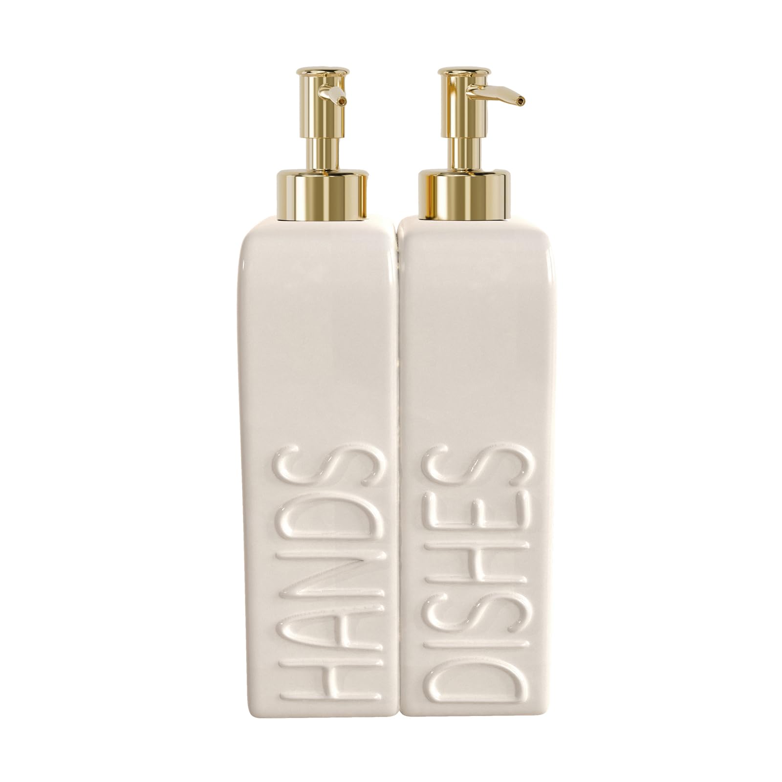 Soap Dispenser Set with Gold Rustproof Stainless Steel Pump, 2 Pack Ceramic Refillable Dish Soap and Hand Soap Dispenser for Kitchen, Bathroom, Matte White