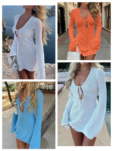Image of ANRABESS Women's Crochet Swimsuit Cover Up, V Neck Mesh Knit Beach Dress, Long Sleeve Summer Vacation Beachwear