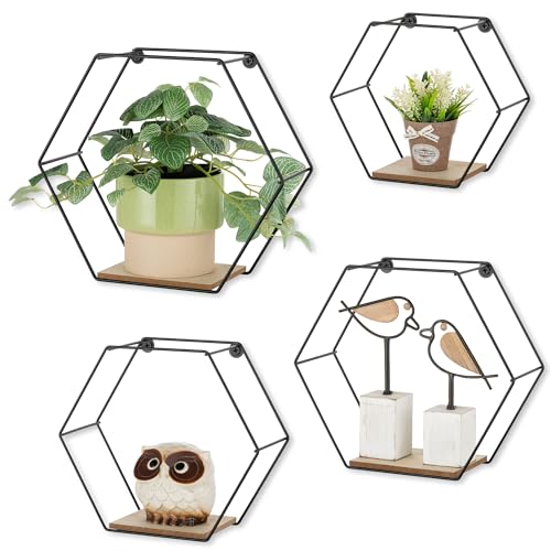 Walasis Juego de 4 estanterías hexagonales de pared de metal negro, juego de 4 unidades, estetico, flotante, para salón, dormitorio, habitación, pasillo (natural)