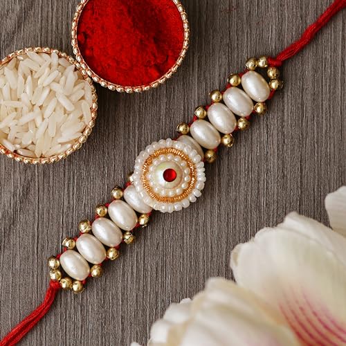 Image of eCraftIndia Designer Pearls Rakhi with Roli Chawal Pack and Raksha Bandhan Greeting Card