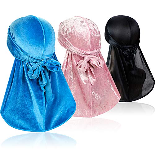 3 Pcs Wave Durags (Velvet Durag, Crushed Velvet Durag and Soft Durag) – Premium Headwraps with Extra Long Tail for 360 Waves