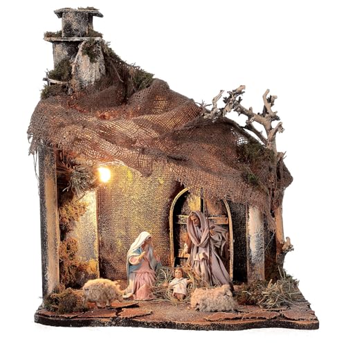 Nativity Stable with Holy Family Jute roof 12 cm Neapolitan Nativity 30x35x45 cm, with figurinesStatues Height: 12 cm|Width: 35 cm|Width: 44 cm|Height: 30 cm