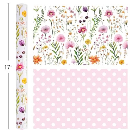 Image of Burymento Flowers Wrapping Paper, Reversible Wave Point Gift Wrap for Birthday, Valentines, Mothers day, Graduation, Wedding, Fathers day, Baby Shower, Christmas (17in x 16.4ft)