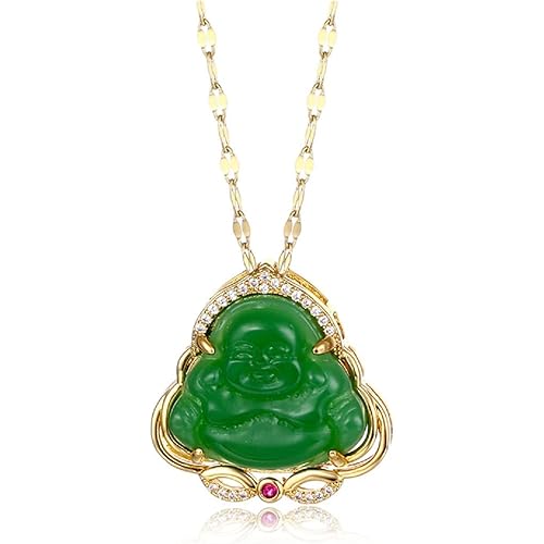 COLORFUL BLING Lucky Laughing Buddha Pendant Necklace Green Jade CZ Gemstone Amulet Jewelry for Women Men