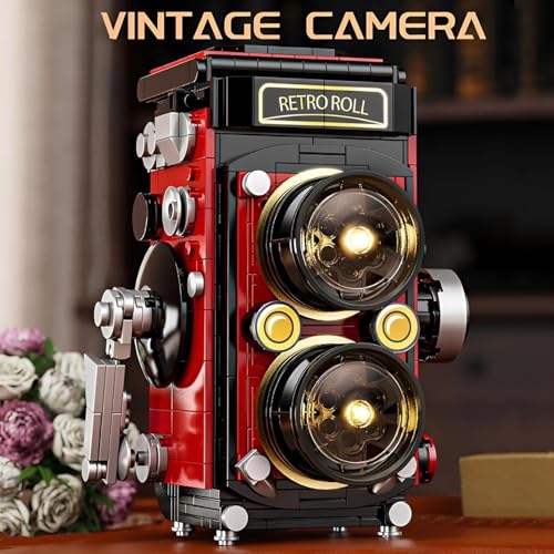 Image of SKY LINE OCEAN Vintage Camera Building Block Set, 719 PCS Retro Model Brick Kit with Simulated Shutter, Openable Covers, LED Light, Home Decor Gift Photography Lovers | 6 Months Structural Warranty