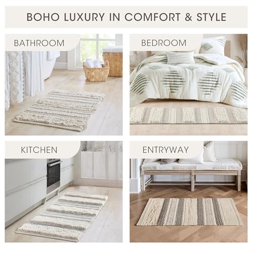 Image of Ink+Ivy Bath Rug Hand-Woven Texture Shaggy Striped Soft & Water Absorbent, Boho Bathroom Decor Bath-Mats, Non-Slip Absorbent Quick Dry Mats for Tub, Shower Room, Asher, 22x58 Grey