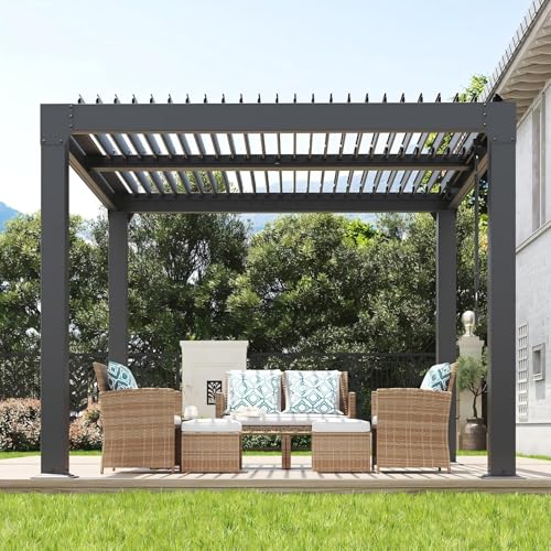 Image of 10X10 FT Louvered Pergola with Adjustable Roof, Integrated Drainage System, Easy Installation, Outdoor Pergola for Backyard, Garden, Poolside, Hardtop Gazebo