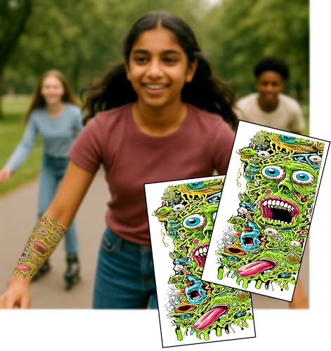 Slime Cyber Zombie Lot de 2 manchons de tatouage – 20 x 10 cm – Motif horreur d'horreur mutant – Tatouage temporaire grossier pour patineurs, adolescents, fans d'Halloween et de bandes dessinées