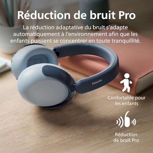 Philips TAK5500RT série 5500 Casque Supra-aural Pliable sans Fil Bluetooth 5.4 à réduction de Bruit pour Enfants, 34 Heures d’autonomie avec ANC, Volume limité, Partage Audio, câble USB-C Inclus