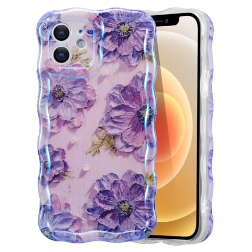 EYZUTAK Case for iPhone 11, Colorful Retro Oil Painting Printed Flower Laser Glossy Pattern Cute Curly Waves Border Exquisite Phone Cover Stylish Durable TPU Protective Case for Girls Women - Purple