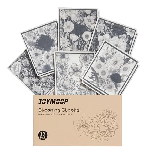 Image of JOYMOOP 12 Pack Decorate Cleaning Cloth (Black White of Decorative Series), Reusable Absorbent Dish Towels, Non-Scratch Washable Rags for Cookware, Kitchen and Household Cleaning - 6.7x7.9 inch