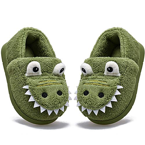 Chaming Boys Girls Toddler House Slippers Dinosaur Warm Fur Lined Home Slippers for Kids Nonslip Winter Indoor Slippers Green 3.5-4.5 Toddler