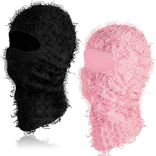 Newcotte 2 Pack Adult Distressed Balaclava Ski Mask Full Face Knitted Balaclava Windproof Cool Ski Mask for Cold Weather(Large Black Pink)