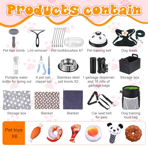 Abbylike Welpenzubehör, Starter-Set für kleine Hunde, enthält Leine, Näpfe, Zahnbürsten, Wasserflasche und mehr Zubehör für Hunde, 50-teiliges Set (schwarz)