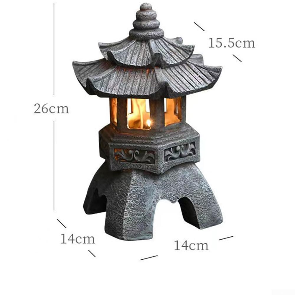 Farol solar de resina de pagoda, estatua de jardín, resistente a la intemperie, adorno de luz zen para exteriores con encendido/apagado automático, decoración de torre china para patio