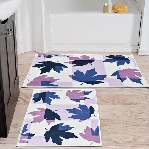 Image of Digital Printed Bathmat Set of 2 | Anti-Skid Mess Backing | Large & Small Combo | Water Absorbent, Quick Dry, Soft Floor Mat for Bathroom & Home Color - Floral Printed Lavender Blue White
