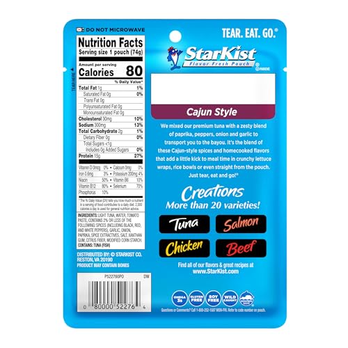 Image of StarKist Tuna Creations Cajun Style Pouch (2.6 oz - 1 Pack) Wild Caught, High Protein Shelf Stable Seafood, Gluten Free, Soy Free, No Draining, Ready to Eat for Salads and Sandwiches