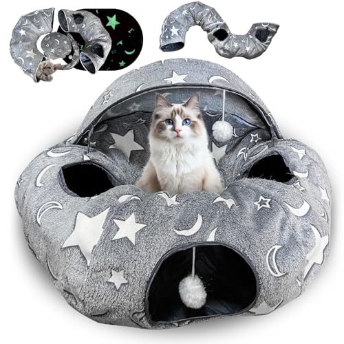 Katzenbett mit Leuchtfunktion, XXL Plüsch Katzentunnel mit Ball, Große Rascheltunnel Katzenhöhle Katzenspielzeug für Katzen Kaninchenoder Welpen