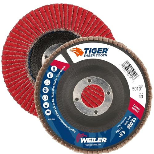 Image of Weiler 50101 Saber Tooth 7 /8 inch Arbor, 4-1 /2 inch Diameter, 40 Grit, Ceramic, Phenolic Backing, Angled Abrasive Flap Disc (Pack of 10)