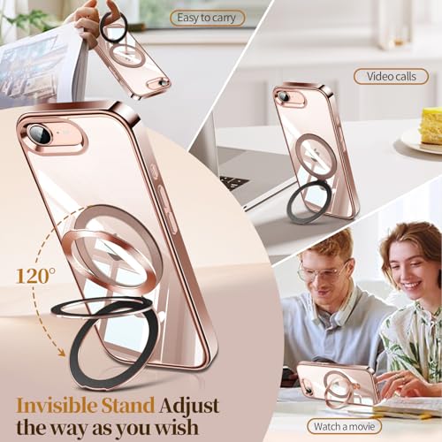 Image of ESTPEAK Desert Titanium CD Mag-Stand Case for iPhone 16e Case with Invisible Magnetic Ring, [Fit for MagSafe] [Never Yellowing] Top Clear Phone Case Cover for iPhone 16e 6.1 inch Men Women, Rose Gold