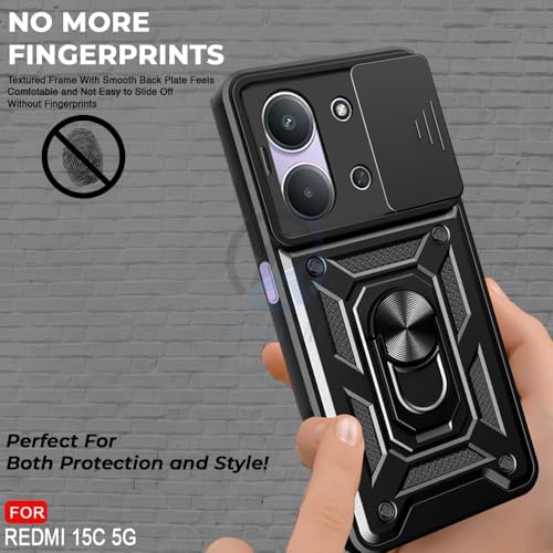 Image of AIBEX Back Cover Compatible for Redmi 15C 5G / Poco C85 5G | D10 Tough Armor Case | Sliding Camera Shield | 360 Protection | Kickstand Ring Holder | Military-Grade Bumper Case - Black