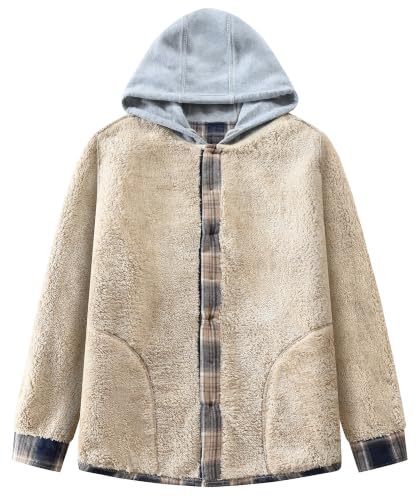 Image of Men's Cotton Plaid Shirt Jacket Fleece Flannel Sherpa Button Down