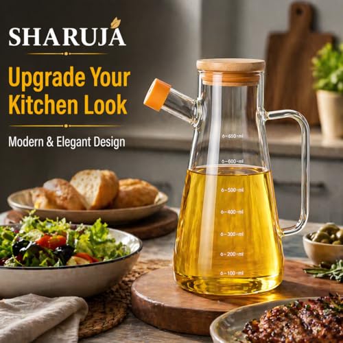 Image of Glass Oil Dispenser Bottle, Anti-Drip Spout, Leakproof Borosilicate Glass Oil Container with Measurement Markings for Kitchen, Olive Oil, Vinegar & Cooking (920, Milliliters)