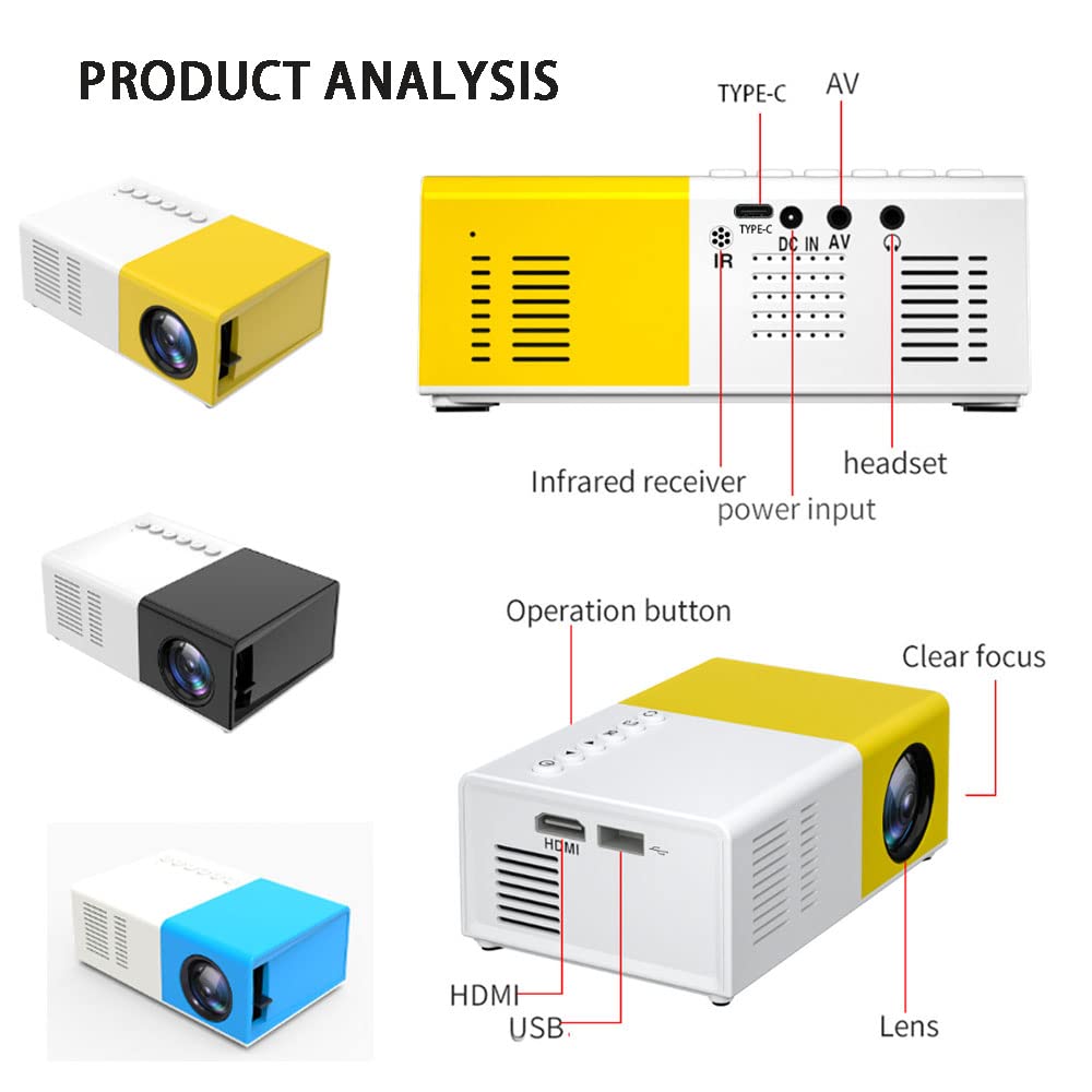 Mini proiettore portatile per cartoni animati, regalo per bambini, proiettore per film all'aperto, adatto per film home cinema, con interfaccia USB HDMI e telecomando (giallo e bianco)