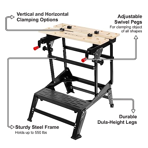 ELEVON Multifunctional Workbench, Portable Foldable Workbench, Holds Up to 550 Pounds, with Adjustable Jaws, Vertical Clamping and Four Adjustable Rotating Pins, Suitable for DIY, Woodworking - Image 2