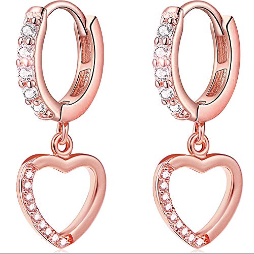 Suyi 14k Rosegold Plated Pendientes Huggie Hoop Pendientes Heart Dangle Hoop Pendientes Cubic Zirconia Cuff Pendientes Para Mujer Heart Rose Gold