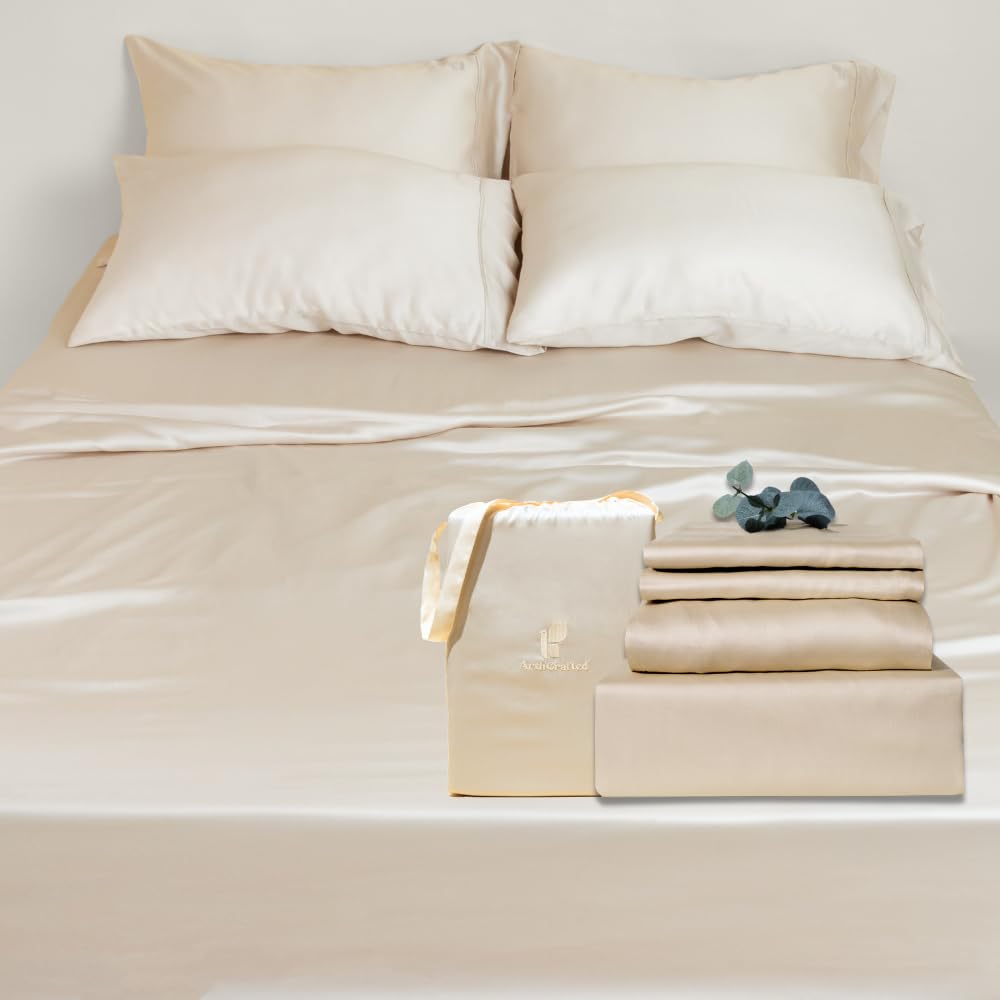 100% Austrian Eucalyptus 6PC Queen Bed Sheets, 18 Inch Deep Pocket Queen Sheets,Cooling Sheets with Elastic Corner Straps, Eucalyptus Silk Tencel Lyocell Sheets (Pearled Ivory, 6PC Queen)