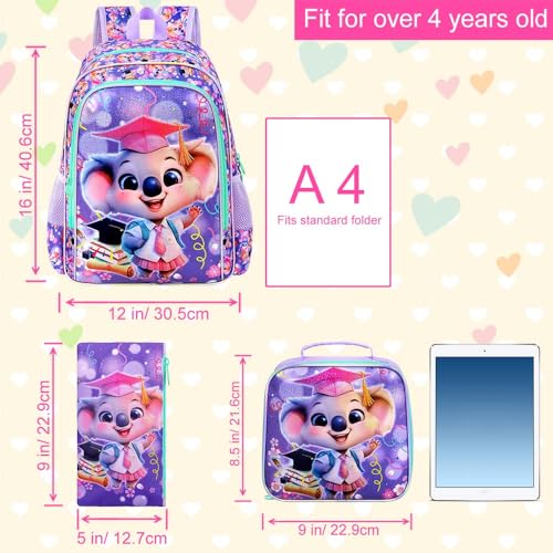 Image of AGSDON 3PCS Backpacks for Girls, 16 inch Elementary Kids Backpack Preschool School Bookbags and Lunch Box