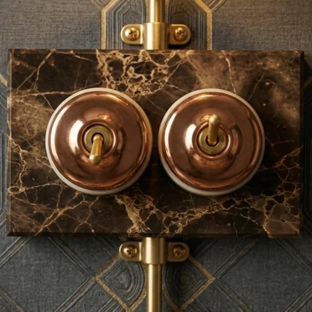 vintage rose gold & brass smooth dome dual toggle switch panel | marble finish base, 220v, 6a rated, lab tested, 5.8 cm diameter, antique dual-tone
