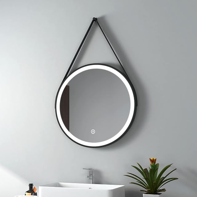 EMKE Round LED Leather Mirror - 600mm Black Frame Leather Strap Illuminated Bathroom Mirror with LED Lights, Smart Bathroom Mirror with Touch Control, Memory Function, Automatic Power-Off