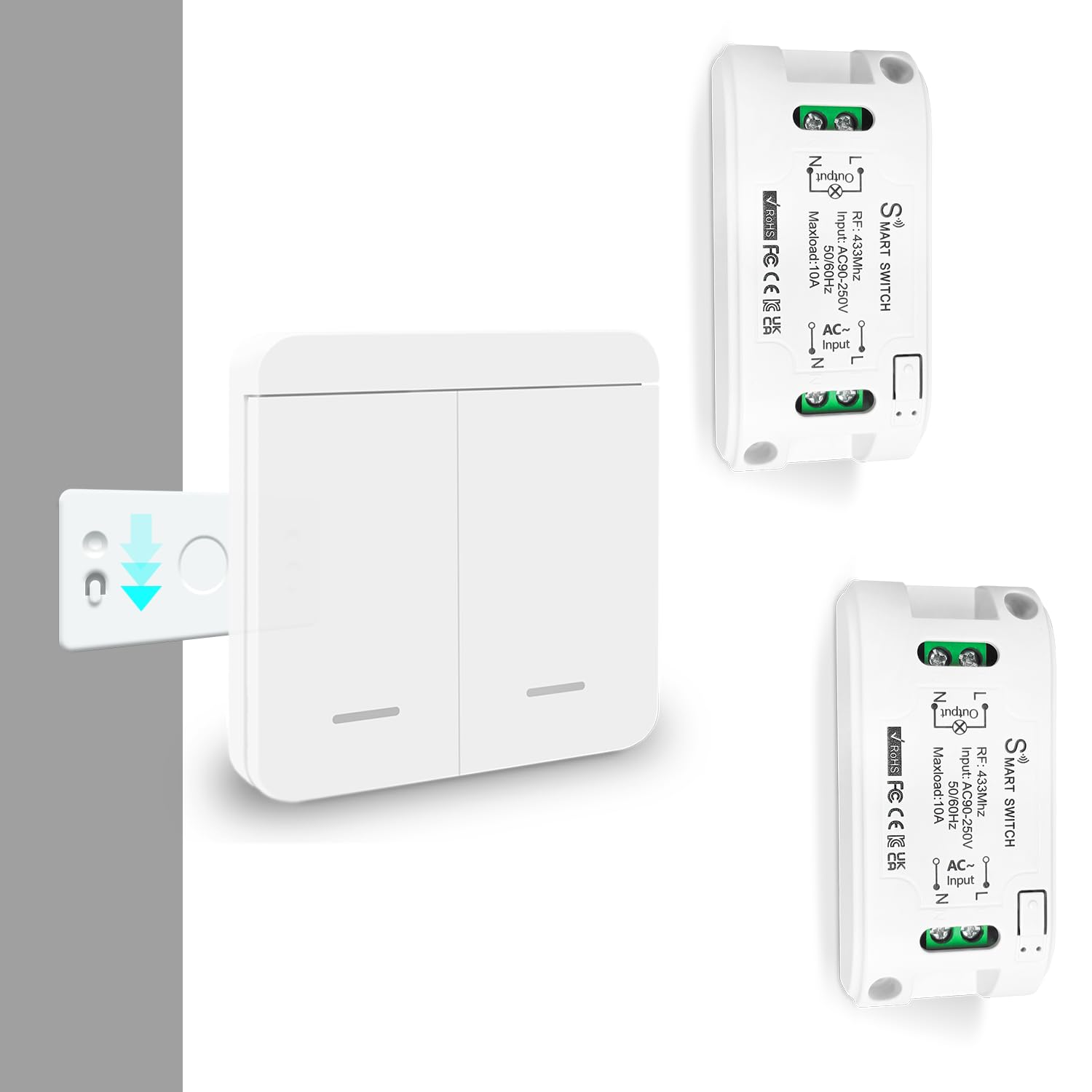 Kit Interruptor Luces inalambrico, Transmisor De Interruptor Inalámbricas De Pared Inalámbrico Extraíble Alcance De Radio De 100M Para Dispositivos De Iluminación De Hasta 2300W (1 to 2)