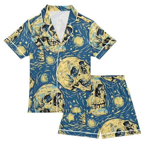 ALAZA Starry Sugar Skull Skeleton Pajamas Satin Pajama Set Short Sleeve Button Down Sleepwear