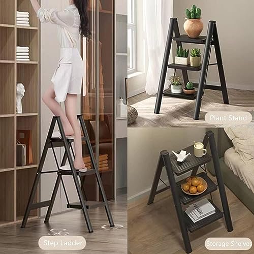 Image of Folding Step Stool with Wide Anti-Slip Pedal[150 kg] Capacity Heavy Duty Lightweight Portable Black Ladder Household Kitchen Office Space Saving Multifunctional Indoor Car Wash Outdoor (3 Step Ladder)